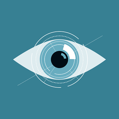 Illustration of blue eye future technology or medical concept.