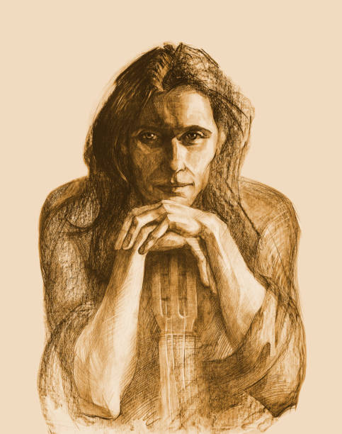 istock Fashionable illustration allegory modern artwork impressionism people my original drawing sepia pencil on paper impressionism vertical shaped symbolic portrait romantic musician young male guitar player with long black hair arms lean on the fingerboard of 1156709157