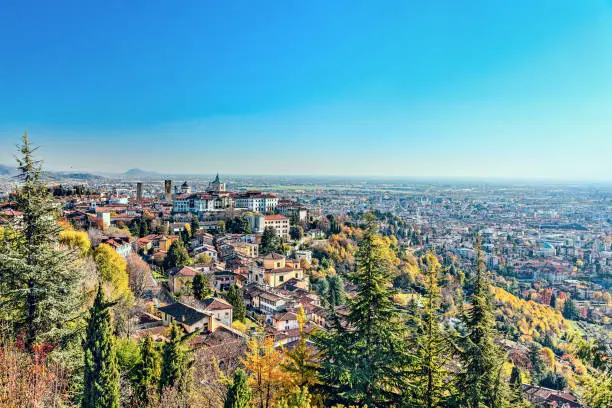 Panorama of the Italian city Bergamo. Top view. The alpine Lombardy region of northern Italy.