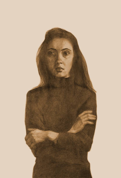 ilustrações de stock, clip art, desenhos animados e ícones de fashionable illustration allegory modern artwork impressionism people my original drawing sepia pencil on paper impressionism vertical shaped symbolic portrait romantic young tender modest girl with long black hair in a black sweater arms folded on her ch - teen girl portrait