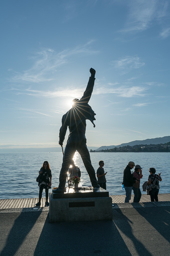 Montreux, VD / Switzerland - 31 May 2019: tourists visiting the Freddie Mercury Memorial Statue on the shores of Lake Geneva in Montreux