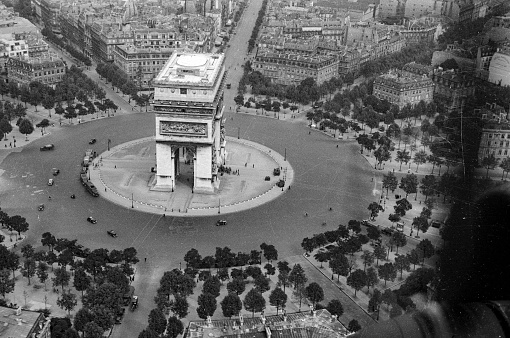 Paris,France-07-12-1940 unique historic aerial of Place de lètoile and Arc de Triomphe, taken by a German aerial reconnaissance photographer during German occupation of France