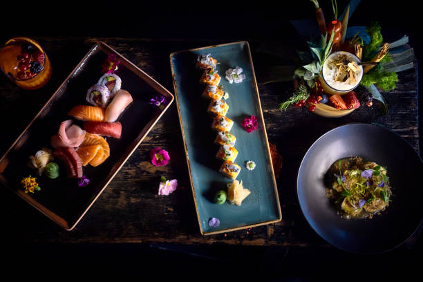 asian food plates variety - sushi food vegetarian food japanese cuisine imagens e fotografias de stock