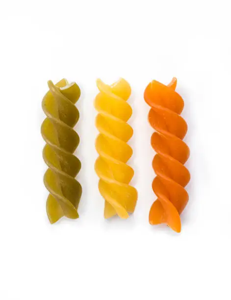 Pasta Fusilli Tri Color , isolated on a white background