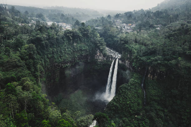 Scenic aerial view of Madakaripura  waterfall in the jungles on Java, Indonesia