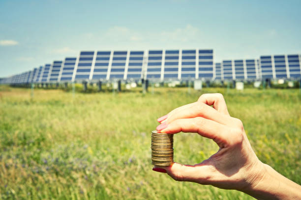 array of polycrystalline silicon solar cells in solar power plant turn up