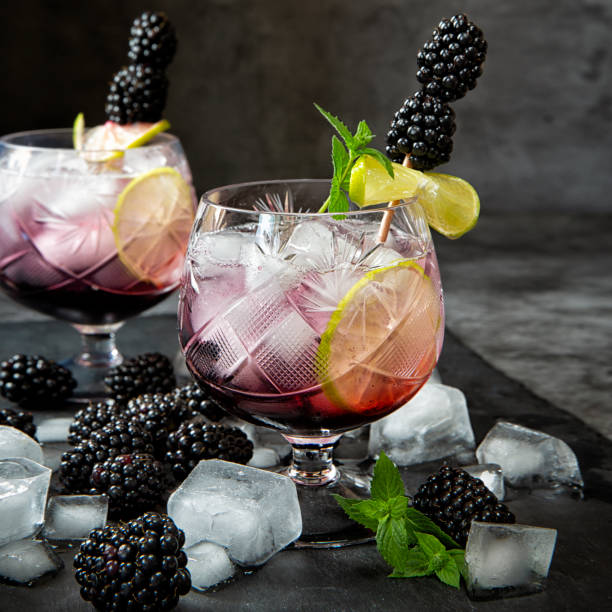 refrigerantes sazonais. sede na hora de verão quente. dois vidros de bagas do gelo, da água, do cal e do mulberry com hortelã em um fundo escuro. dieta de keto, refrigerantes e bebidas alcoólicas. cocktail da fruta - water sap - fotografias e filmes do acervo