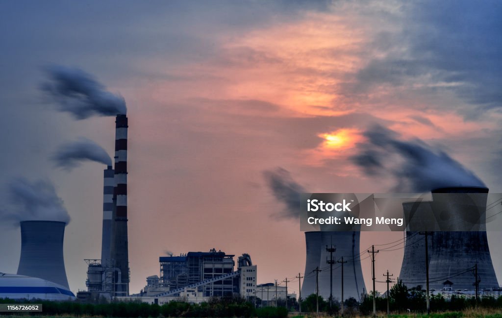 Power station sunset cloudy Coal-fired Power Station, Fumes, Greenhouse Gas, Environment, Factory Coal Stock Photo
