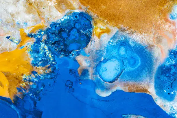 Aerial view of icelandic vulcanic sulfur subsoil. Geothermal coloured abstract background