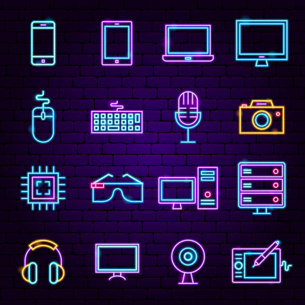 ilustrações de stock, clip art, desenhos animados e ícones de computer technology neon icons - video game pc sign portable information device