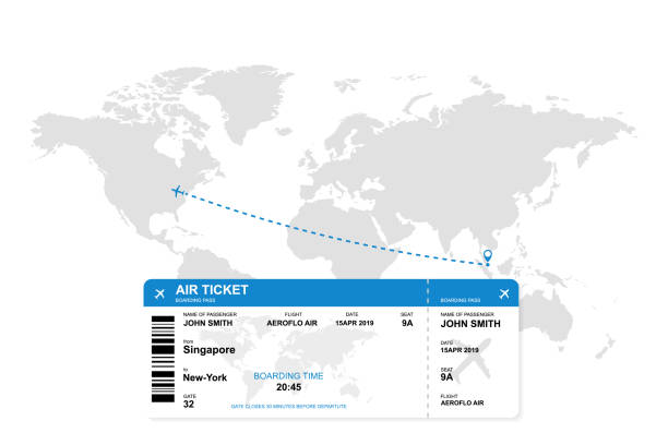 bilet lotniczy z tłem mapy świata. - singapore stock illustrations