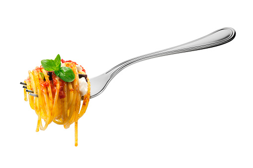 Isolated Fork with spaghetti pasta mozzarella aubergine tomatoes and basil on white background