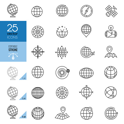 Globe icon set. Planet Earth icons for websites. Editable stroke.
