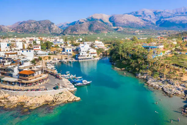 Aerial view of the old harbor of traditional village Sisi, Crete, Greece