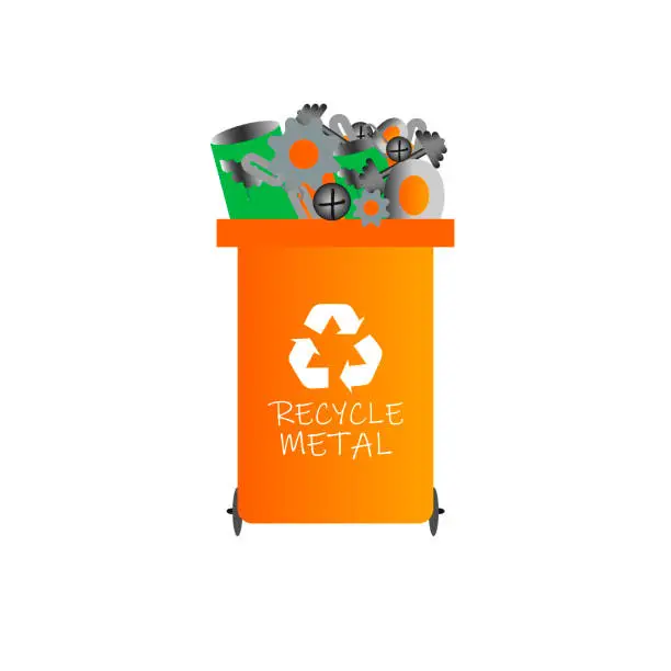 Vector illustration of Orange container for full metal waste. Recycling symbol.