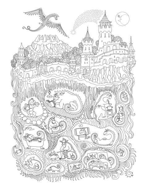 Vector Contour Thin Line Illustration Fairy Tale Castle Old Medieval Town  And Dragon Beast Cave Underground Nest Black And White Hand Drawn Sketch  Adults Coloring Book Page Tee Shirt Print Stock Illustration -