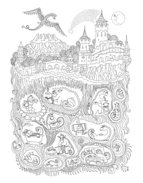 Vector illustration of Vector contour thin line illustration. Fairy tale castle, old medieval town and Dragon beast cave underground nest. Black and white hand drawn sketch. Adults coloring book page, tee shirt print