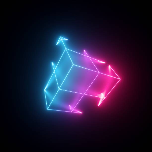 3d render, neon abstract background with glowing lines, isolated cube, cyber shape in virtual reality, laser show