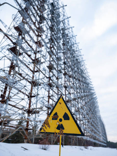 istock Radioactivity symbol in front of Duga Radar, Cherbonyl 1156728985