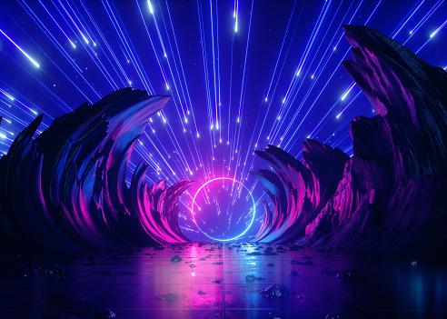 3d render, abstract futuristic neon background with pink blue fireworks over cosmic landscape, glowing round frame, ultraviolet light, virtual reality space, energy source, mountains, rocks, ground