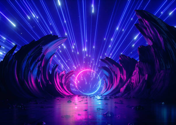 3d render, abstract futuristic neon background with pink blue fireworks over cosmic landscape, glowing round frame, ultraviolet light, virtual reality space, energy source, mountains, rocks, ground 3d render, abstract futuristic neon background with pink blue fireworks over cosmic landscape, glowing round frame, ultraviolet light, virtual reality space, energy source, mountains, rocks, ground spaceship photos stock pictures, royalty-free photos & images