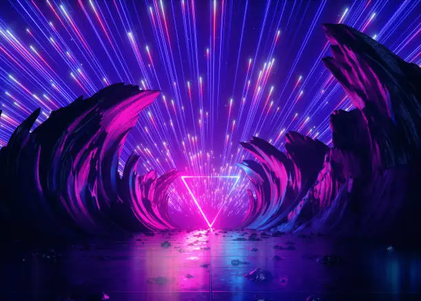 Photo of 3d render, abstract futuristic neon background, pink blue fireworks, cosmic landscape, glowing triangular frame, ultraviolet light, virtual reality space, energy source, mountains, rocks, grid