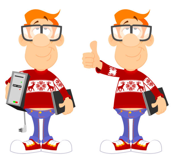 Red-haired young geek with a computer and laptop. Red-haired young geek with a computer and laptop. codger stock illustrations