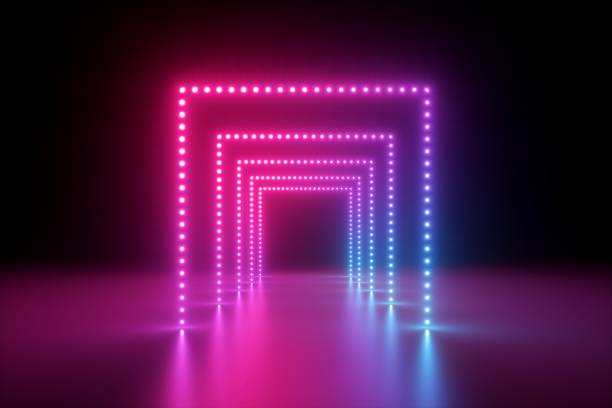 istock 3d render, abstract pink blue neon background, fashion podium in ultraviolet light, performance stage decoration, illuminated night club corridor with square arcade 1156729527