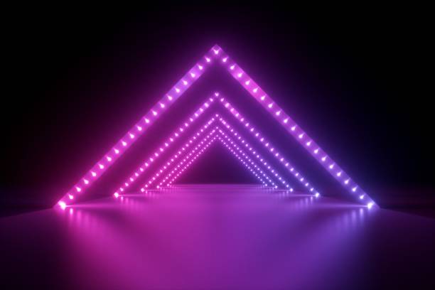 istock 3d render, abstract neon background, fashion podium in ultraviolet light, performance stage decoration, glowing triangle shapes, illuminated night club corridor with triangular arcade 1156729543