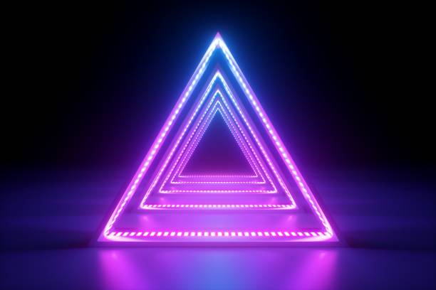 istock 3d render, abstract neon background, fashion podium in ultraviolet light, performance stage decoration, glowing triangle shapes, illuminated night club corridor with triangular arcade 1156729562