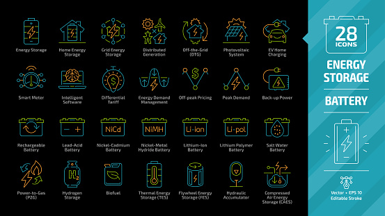 Energy storage color outline icon set on a black background with distributed generation grid, electric vehicle charging, rechargeable, lead acid, nickel & lithium ion battery editable stroke line sign