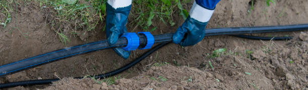 istock hands in protective blue gloves hold a water pipe in a trench 1156736123
