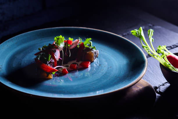 Salmon steak with vegetables Smoked salmon plate on the table fusion food photos stock pictures, royalty-free photos & images