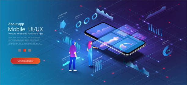 ilustrações de stock, clip art, desenhos animados e ícones de man look graphic chart, business analytics concept ui, ux, admin. consulting team. application of smartphone with business graph and analytics data on isometric mobile phone.  vector illustration - financial occupation graph chart blue