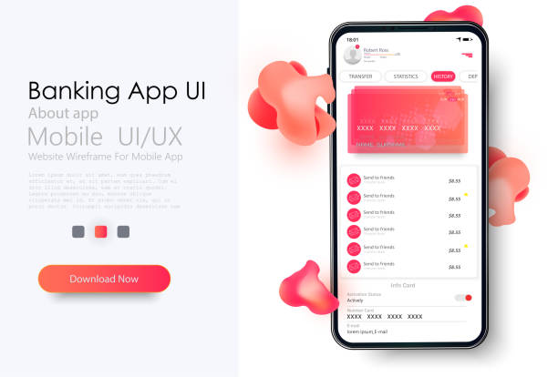 system bankowości internetowej, interfejs użytkownika, ux, gui z portfelem, zakupy, moje konto, przelew środków, płatność za rachunki, szczegóły produktów. szablon wektora interfejsu bankowości mobilnej. płatność online. ekran płatności ele - android telephone mobile phone application software stock illustrations