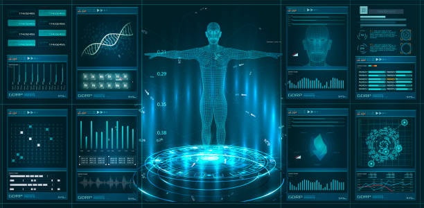 ilustrações de stock, clip art, desenhos animados e ícones de hud, ui, gui element medical examination. display set of virtual interface elements. modern medical examination hud style. medical health care human virtual body hi tech diagnostic analysis clone dna - periodic table chemistry science molecule