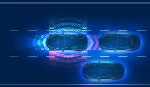 Vector illustration of Automatic braking system avoid car crash from car accident. Concept for driver assistance systems. Autonomous car. Driverless car. Self driving vehicle. Future concepts smart auto. HUD hologram Vector