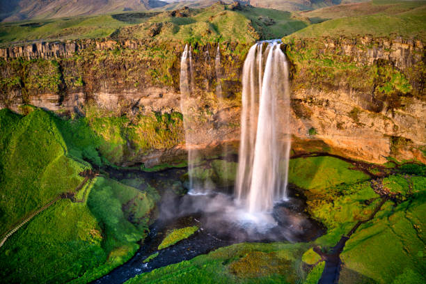 Seljalandfoss from aerial view, Iceland stock photo