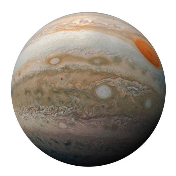 disco completo del planeta júpiter globo desde el espacio aislado sobre fondo blanco. vista de la gran mancha roja de júpiter y el turbulento hemisferio sur. elementos de esta imagen amueblada por la nasa. - jupiter fotografías e imágenes de stock