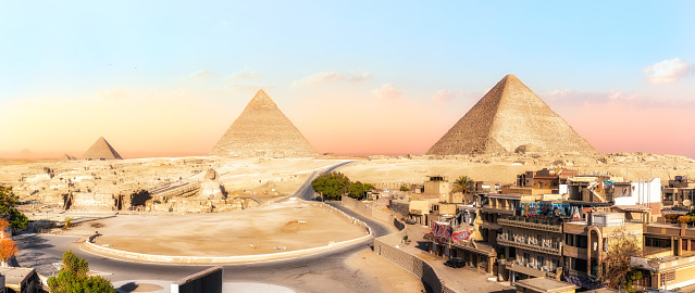Panorama of Giza Pyramids, view from the buildings, Egypt.