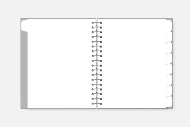タブディバイダーページの文字サイズ、ベクトルモックアップでスパイラルノートブックを開きます。白いブランクワイヤーバインドメモ帳スプレッド、テンプレート - note pad workbook paper ring binder点のイラスト素材／クリップアート素材／マンガ素材／アイコン素材
