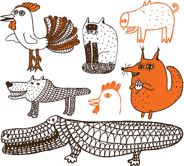 Animal theme doodles Set of the hand drawn animals chicken bird illustrations stock illustrations