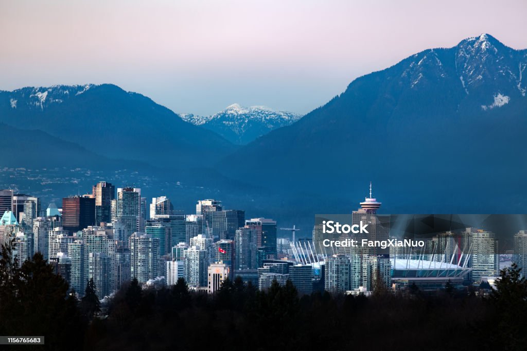 Downtown Vancouver cityscape from Queen Elizabeth Park at winter Vancouver - Canada Stock Photo