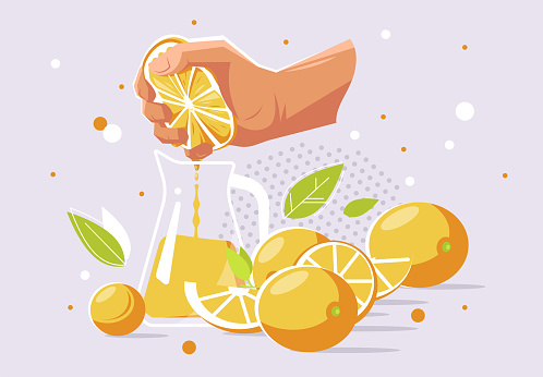 vector illustration of a human hand that squeezes the juice from an orange into a glass carafe, oranges