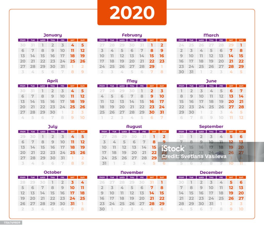 2020 Week Ranges Calendar 2020 Week Start From Monday Stock Illustration - Download ...