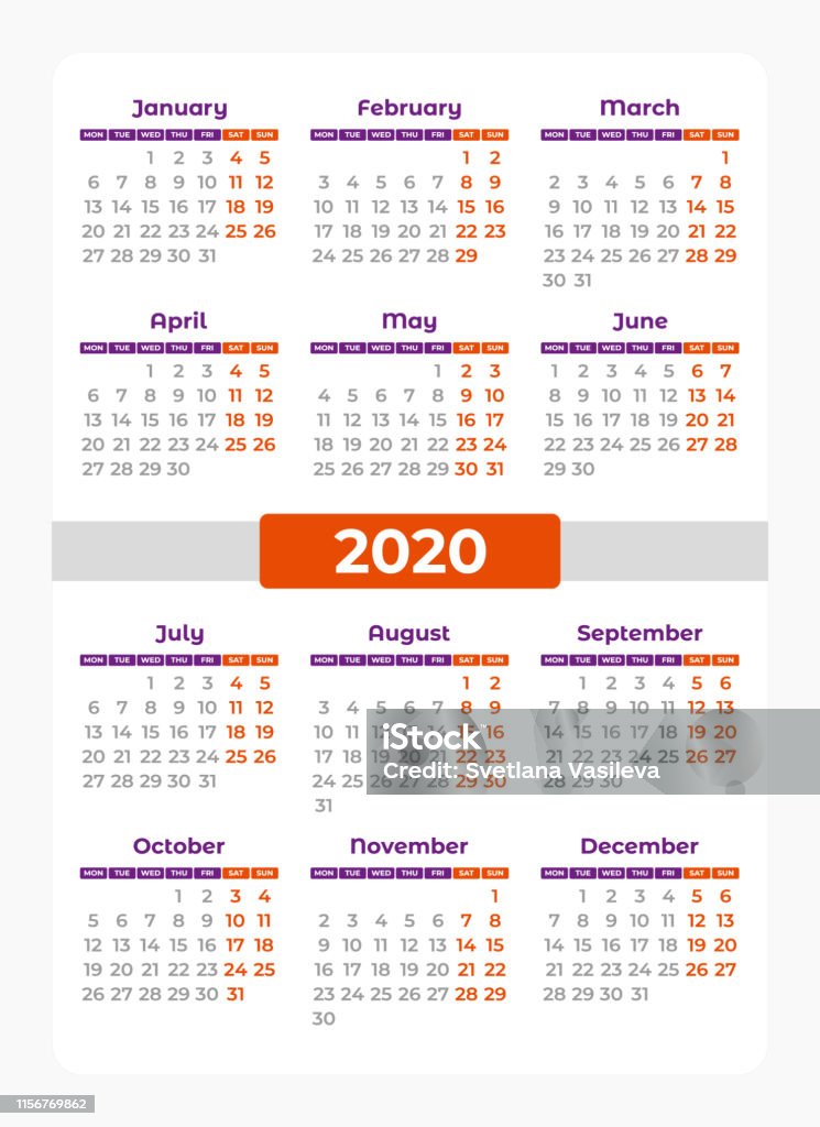 2020 Week Ranges Calendar 2020 Week Start From Monday Stock Illustration - Download ...