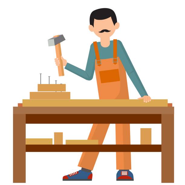 der mann ist in handarbeit beschäftigt. - manual worker one man only book hammer stock-grafiken, -clipart, -cartoons und -symbole