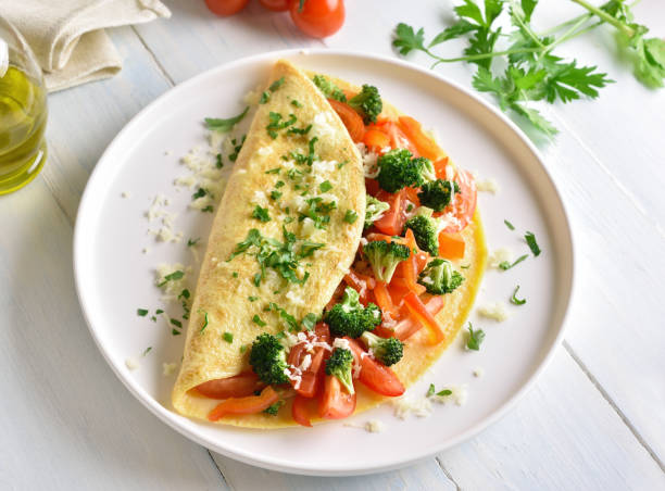 istock Stuffed omelette with tomatoes, red bell pepper and broccoli 1156773154