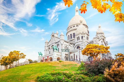 view of world famous Sacre Coeur church at fall, Paris, France
