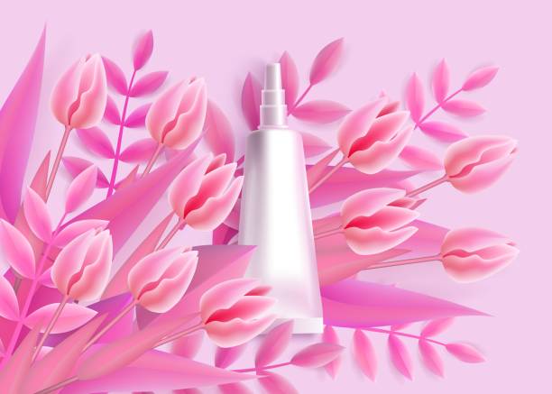 istock Template with white tube packaging mockup and pink flowers realistic style 1156775591